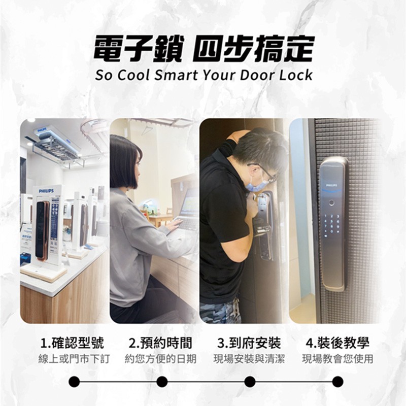 電子鎖四步安裝好! 1.確認型號 2.預約時間 3.到府安裝 4.裝後教學/付款